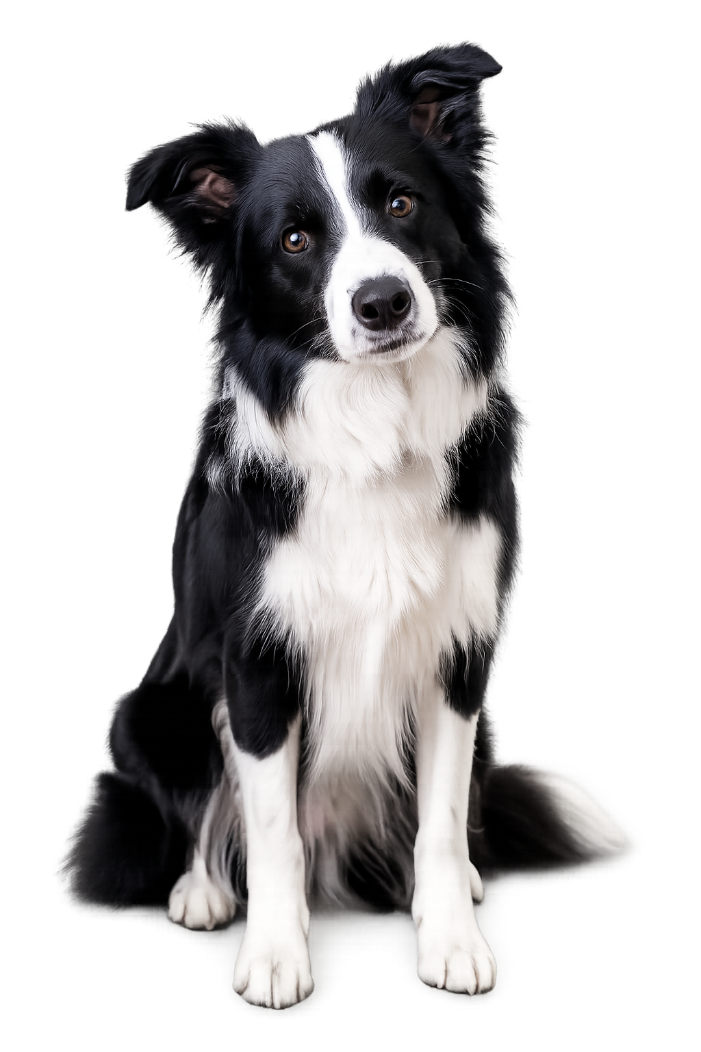 Border Collie preto e branco sentado em ambiente interno iluminado, olhar atento