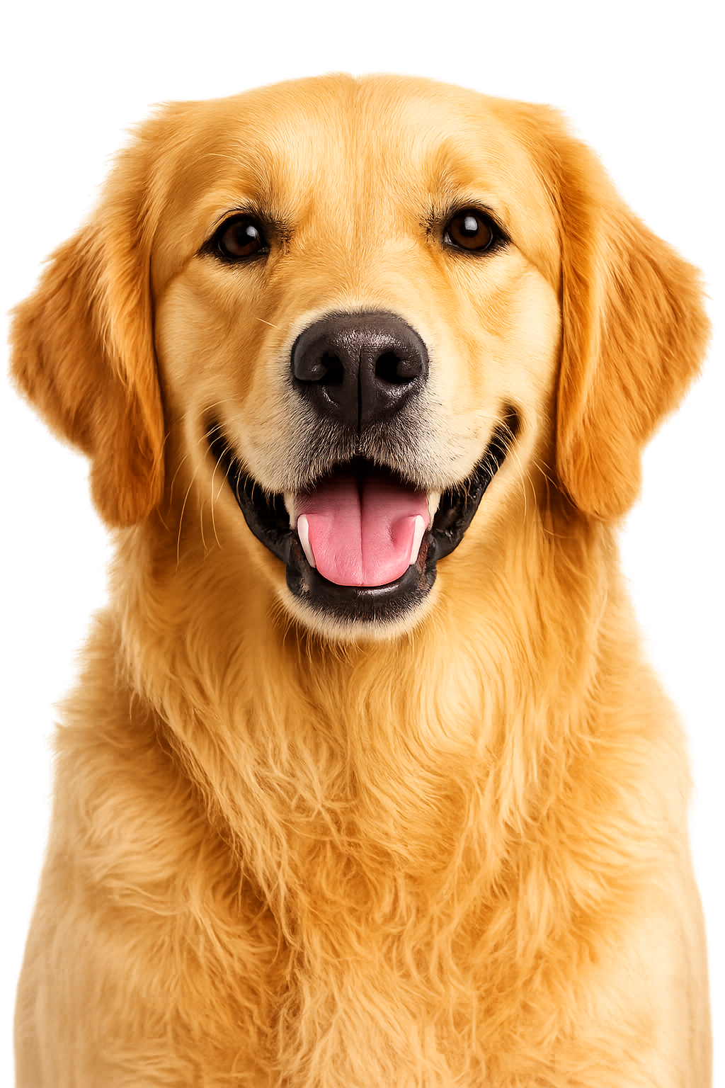 Golden Retriever dourado sorrindo, enquadramento até o peito, fundo limpo